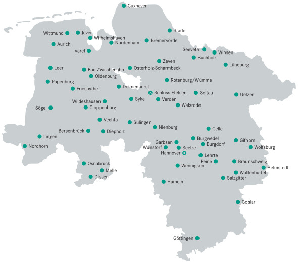 Landkarte von Niedersachsen mit Standort-Markierungen